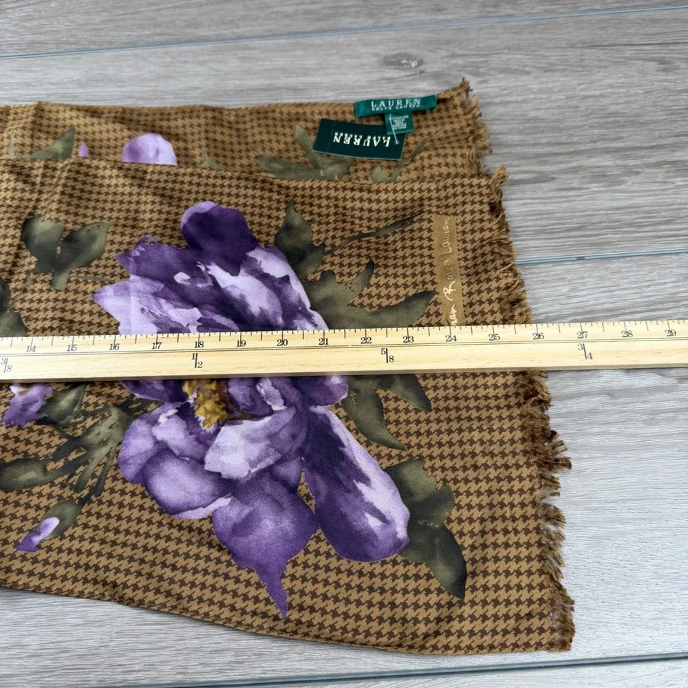 Lauren Ralph Lauren Womens Scarf Silk Floral Houndstooth Brown Purple OS